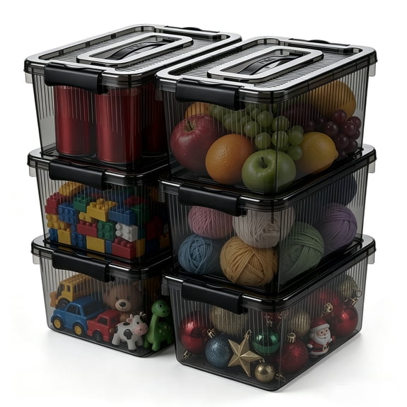 6 Pcs Plastic Storage Bins with Lids, 4 Qt Clear Stackable Container Totes with Latching Snaps, Durable Closet Organization, Home Storage Solutions for Garage, Pantry, Office, Bedroom, Kitchen, Black