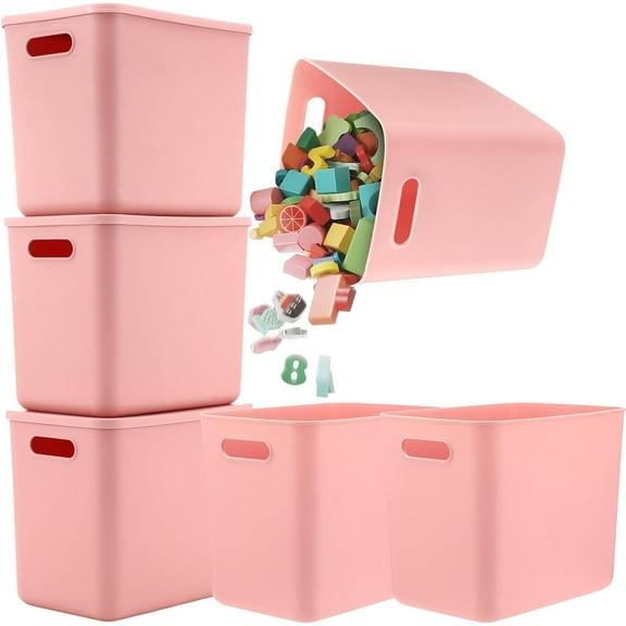 6 Pcs Plastic Storage Bins with Lids Plastic Storage Baskets Boxes Stackable Containers Organizer Bins for Shelves Drawer Playroom (Pink,11.81 x 9.84 x 8.07 Inch)