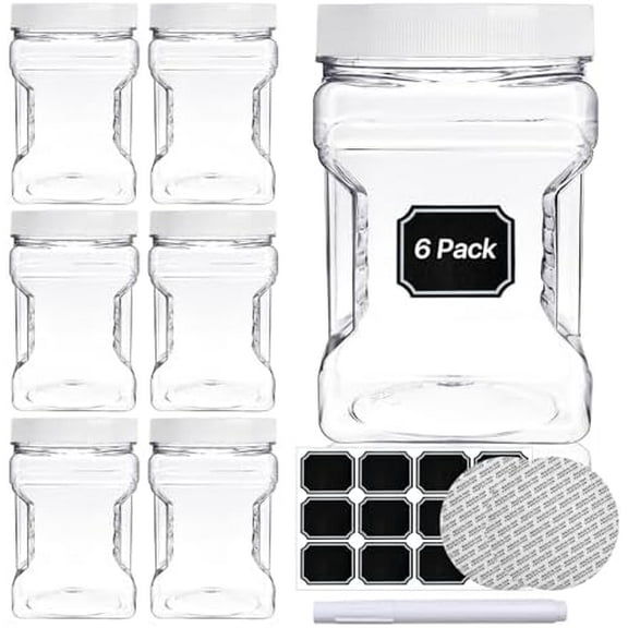 6 Pcs Plastic Storage Jars with Lids, 27 Oz Clear Square Plastic Containers With Non-Slip Handle, Reusable Wide Mouth Plastic Canisters with for Dry Goods Cookies Candy
