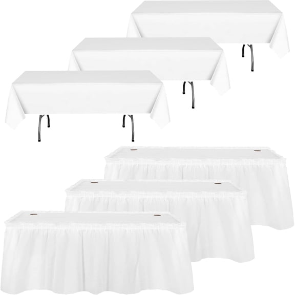 6 Pcs Plastic Table Skirts and Stainproof Table Cloths 54 x 108 in Plastic Ruffle Tablecloth 168 x 29 Inches Disposable for Wedding Baby Shower Valentine Spring Easter Party(White)