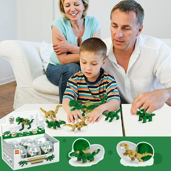 6 Pcs PreFilled Easter Eggs with Dinosaur Building Blocks for Easter Basket Stuffers, Easter Party Favors, Easter Egg Hunt, Science STEM Gift, Classroom Events