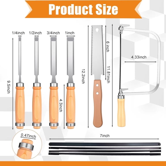 6 Pcs Professional Woodworking Tools Set 4 Piece Wood Chisel Bevel Edge Chisel Set 1/4", 1/2", 3/4" and 1" 6-inch Woodworking Saw Flexible Double-edge Blade 17/11 Tpi Protouch Coping Saw