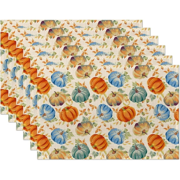6 Pcs Pumpkin Leaf Flower Autumn Table Mats,Thanksgiving Day Placemats Waterproof Washable, Kitchen Table Decoration Placemats Modern Holiday Kitchen Table Decoration(12"x18"Linen)