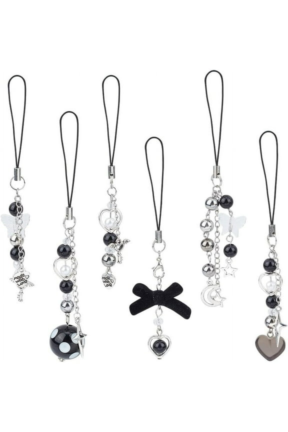 6 Pcs Punk Phone Charms Black Acrylic Heart Moon Key Star Bow Phone Charms Straps Phone Case Charms String Acrylic Bead Mobile Straps Accessories Decoration