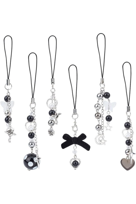 6 Pcs Punk Phone Charms - Black Acrylic Heart Moon Key Star Straps Case Accessories - Mobile Decoration With String Acrylic Bead