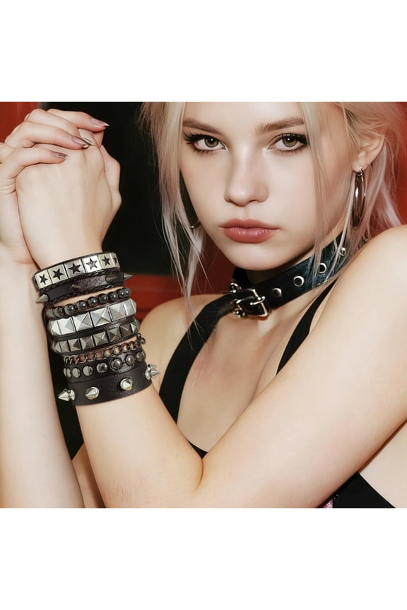 6 Pcs Punk Rock Leather Studded Bracelets for Men Women 80s Gothic Spike Cuff Bracelet Set Emo Accessories for Rocker Outfits