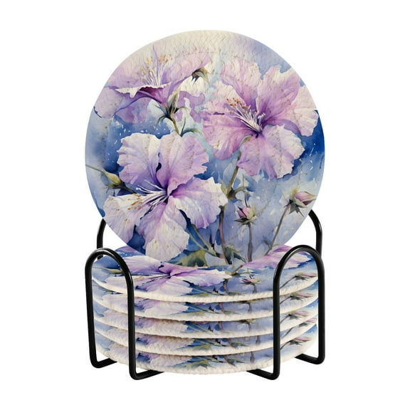 6 Pcs Purple Flowers Drink Coasters with Holder Absorbent Coaster Sets Cup Heat-Resistant Hot Pads Mats for Bar Table Protection