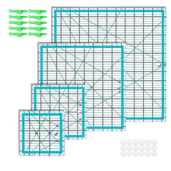 6 Pcs Quilting Ruler Set with Anti-Slip Stickers & Needle Threader - 4 Blue Acrylic Rulers with Dual-Color Grids for Sewing & Patchwork (11.4”x10.2”)