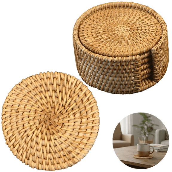 6 Pcs Rattan Coasters with Holder Set, 3.9 in / 10 cm Woven Coasters, Handmade Natural Drink Coasters, Rustic Farmhouse Decor for Hot and Cold Drinks, Coffee Table