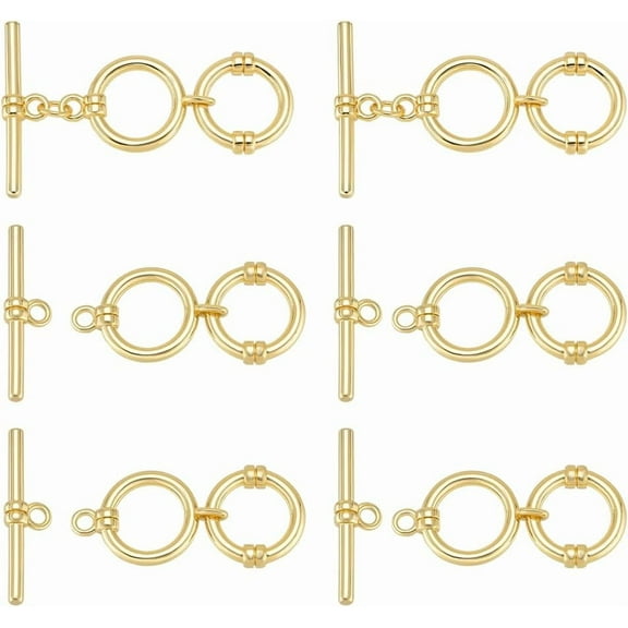 6 Pcs Real 14K Gold Plated Brass Toggle Clasps with Jump Rings 1.6 Inch 2 Round Rings Adjustable T-Bar Closure Clasps for Necklaces Bracelets DIY Jewellery Making for DIY