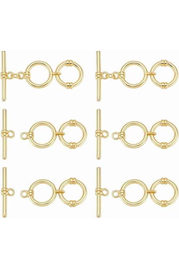 6 Pcs Real 14K Gold Plated Brass Toggle Clasps with Jump Rings 1.6 Inch 2 Round Rings Adjustable T-Bar Closure Clasps for Necklaces Bracelets DIY Jewellery Making for DIY