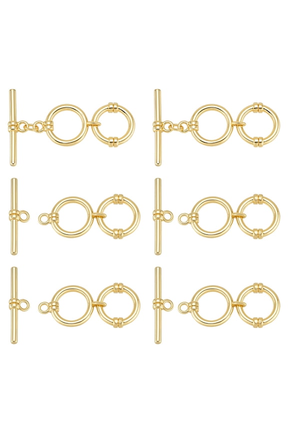 6 Pcs Real 14K Gold Plated Brass Toggle Clasps with Jump Rings 1.6 Inch 2 Round Rings Adjustable T-Bar Closure Clasps for Necklaces Bracelets DIY