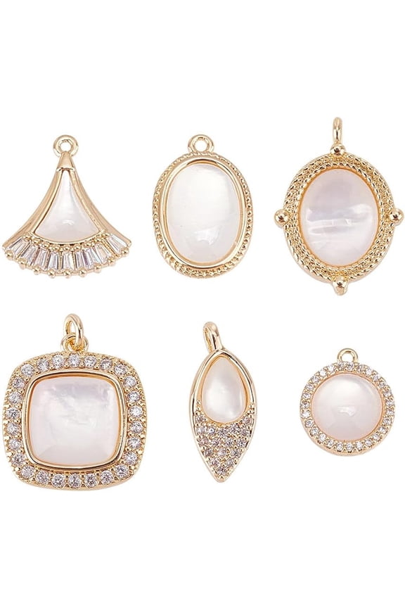 6 Pcs Real 18k Gold Plated Cubic Zirconia Charms Round Square Drop Micro Pave Rhinestone Charms Pendant Shell Brass CZ Stone Charms for Bracelet Necklace Jewelry Making