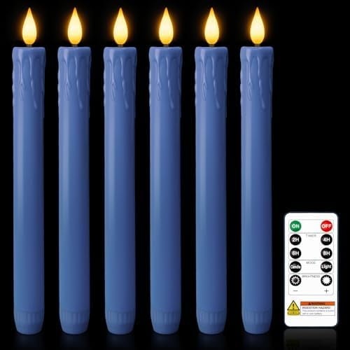 6 Pcs Real Wax Blue Flameless Taper Candles with Remote Timer, 9.6 Inches LED Fake Candlesticks, LED Candle with 3D Flickering Flame for Romantic Wedding, Dinner, Xmas Anniversary Decor