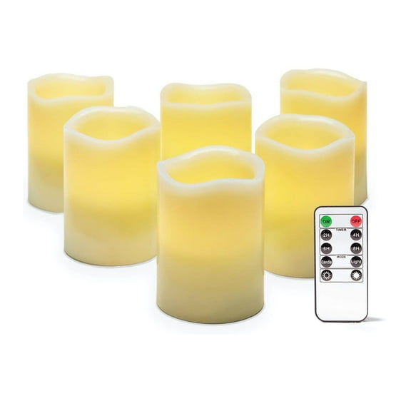 6 Pcs Real Wax Flameless Candles with Timer - Ivory LED Candles 3 Wide x 4 Tall / 7.5cm Wide x 10cm Tall - Flickering Amber Flame - Battery Operated Pillar Candles - Large Unscented