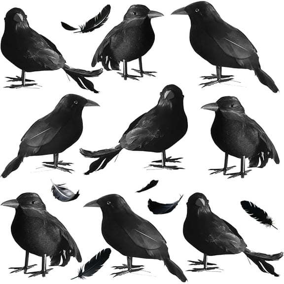 6 Pcs Realistic Black Crows, Gothic Stuffed Animals Feathered Birds Ravens | Wire Attached on Feet, Foam Base Lightweight, Available for Indoor Outdoor, Gothic Decorations for Halloween Party Daily