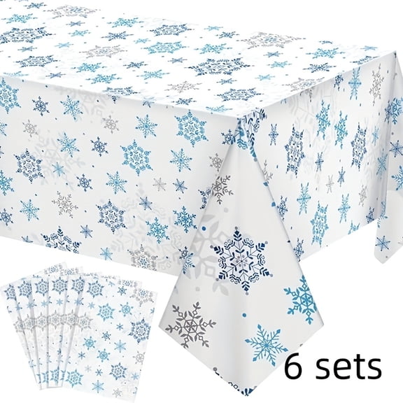 6 Pcs Rectangular Plastic Tablecloths, Blue White Snowflake Table Cover 54 x 108 Inch, Waterproof Long Table Cloths for Frozen Birthday Party Decorations, Daily Dining Table Use
