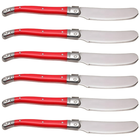 6 Pcs Red Butter Knife Set, Red Plastic Handle, 420 Stainless Steel Cheese Spreaders, Ideal for Sausage, Butter, and Jam, French Design