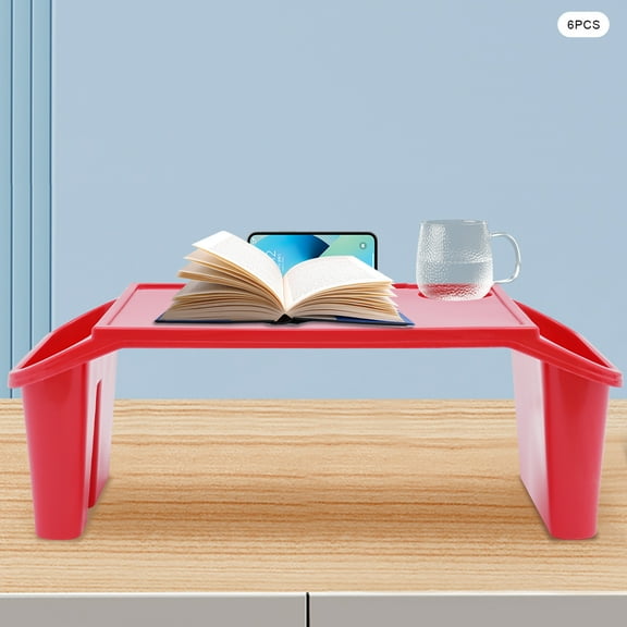 6 Pcs Red Color Kids Lap Desk Tray, Plastic Breakfast Laptop Trays with Side Pockets, Portable Lap Bed Table