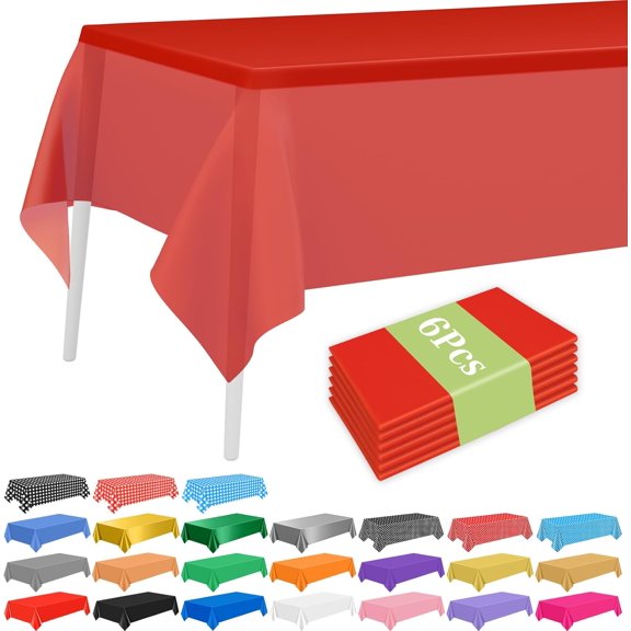 6 Pcs Red Disposable Plastic Tablecloths for Rectangle Tables 54 x 108 Inch Waterproof Party Table Covers for Birthday Baby Shower Wedding Fiesta Kitchen Dining Decor