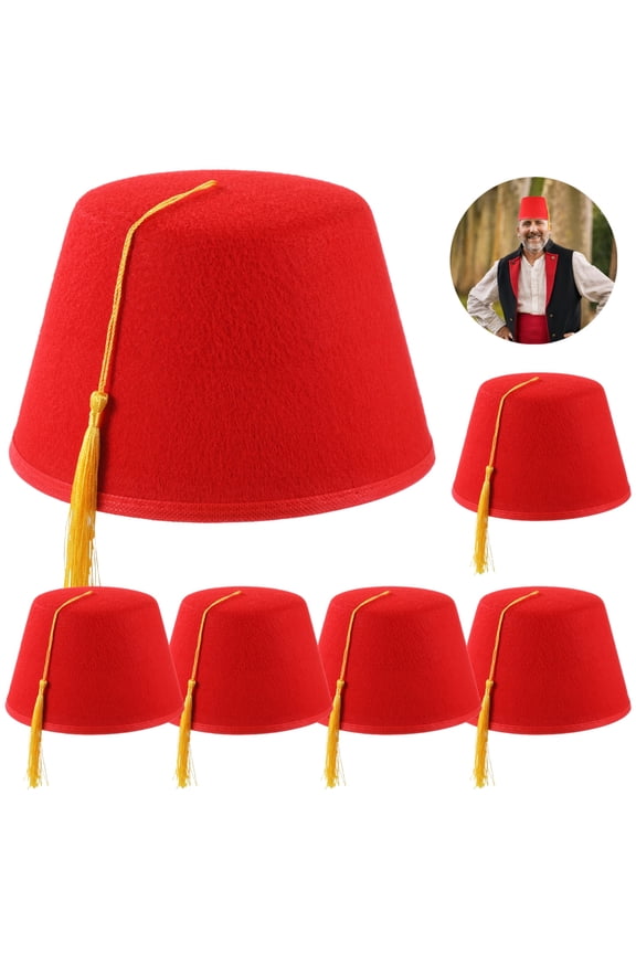 6 Pcs Red Fez Hats, Non-woven Hats with Yellow Tassel for Men, Arabian Moroccan Bellhop Hats, Traditional Tarboosh Hats, Costume Accessories for Cultural Celebrations, Festivals