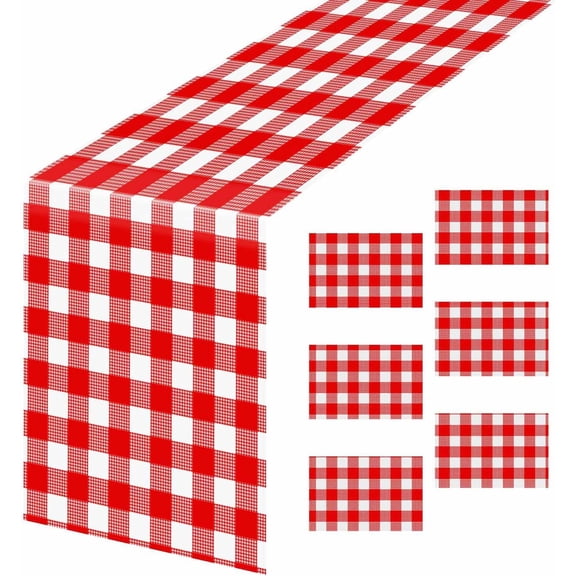 6 Pcs Red Gingham Table Runner Plastic 14 x 108 Inch Disposable Red and White Runner for Birthday Baby Shower Racing Party Decorations Checkered Table Runner