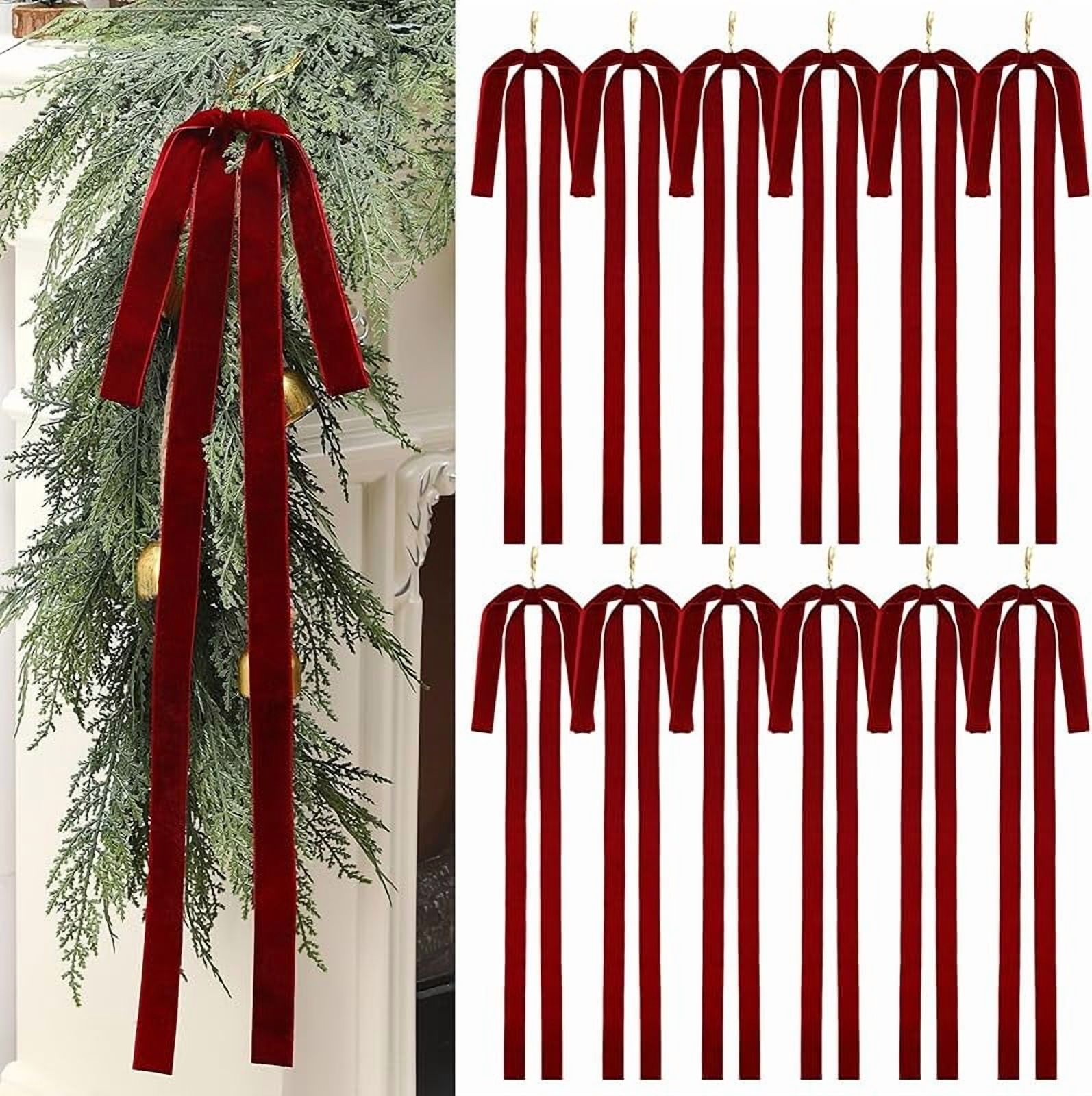 6 Pcs Red Long Velvet Bows Christmas Ornaments 23.5x15.5 Inch Vintage ...