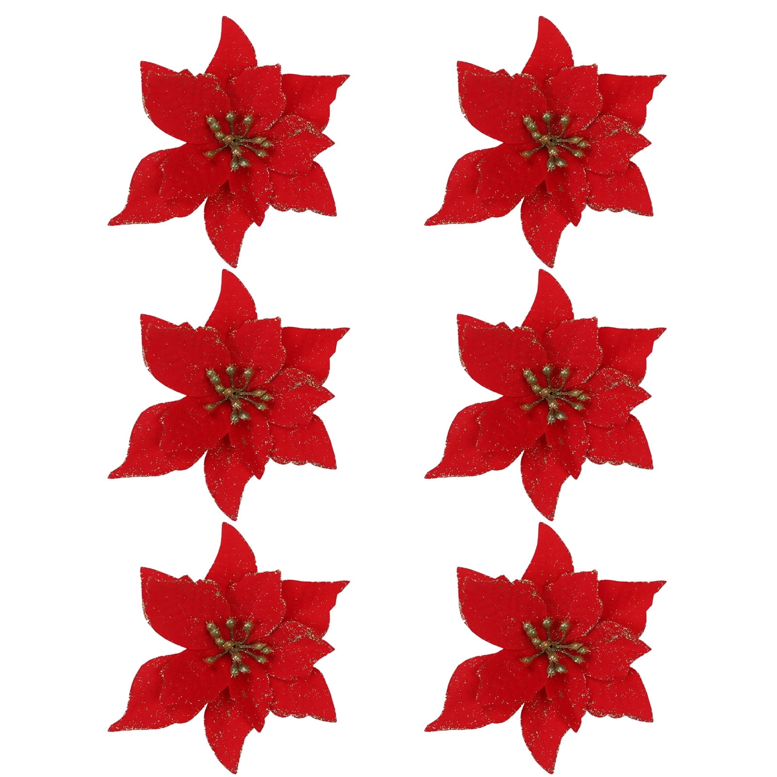 6 Pcs Red Poinsettia Artificial Flowers Glitter Artificial Christmas