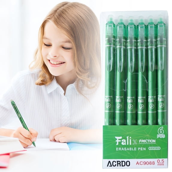 6 Pcs Retractable Erasable Gel Pens, 0.5mm Fine Point Smooth Writing Stationery, Built-In Top Eraser, for Daily Note Taking and Quick Error Correction, Green