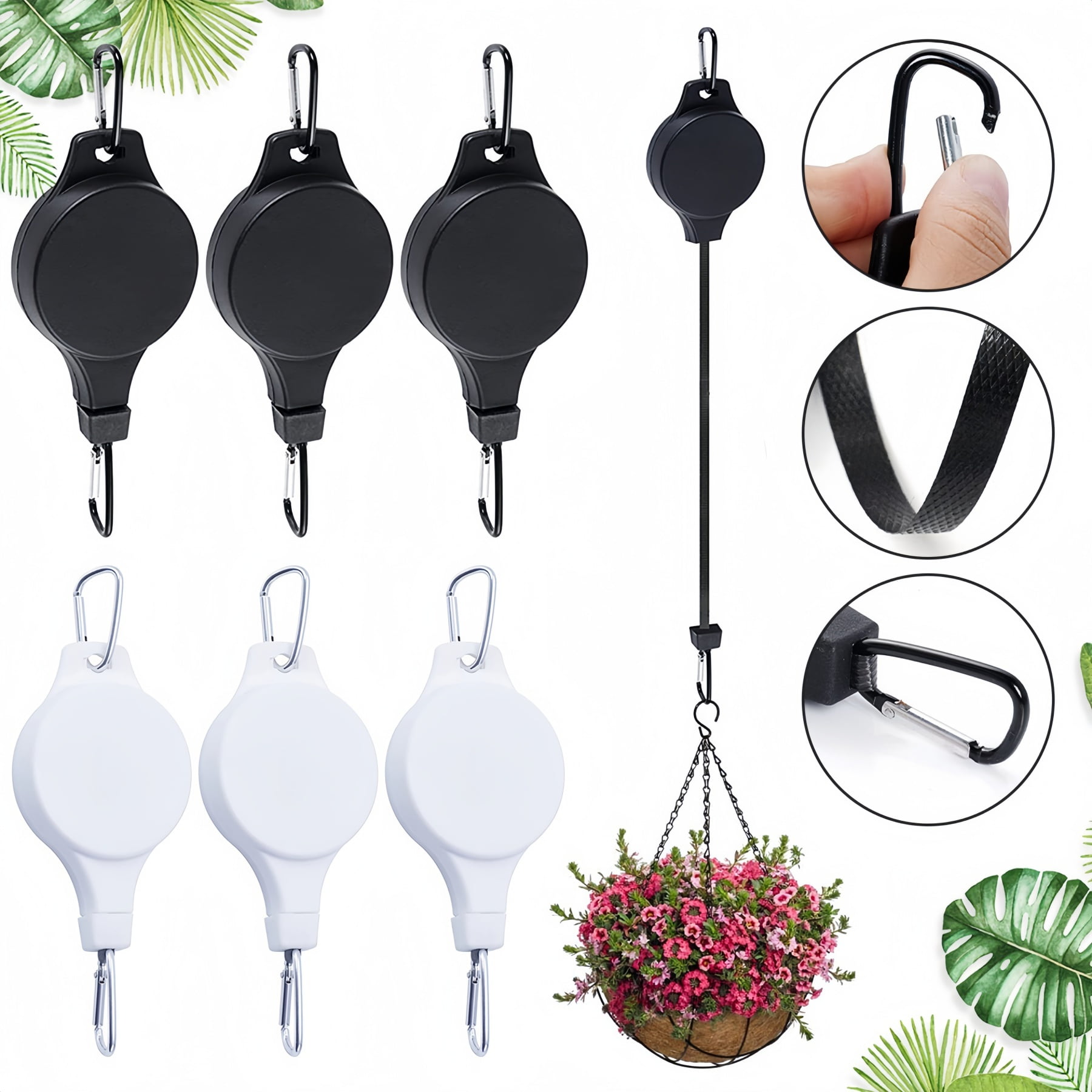 6 Pcs Retractable Plant Hanger,Easy Reach Plant Pulley Adjustable Height Wheel for Hanging Plants-Heavy Duty for Garden Baskets Pots & Birds Feeder-White，black
