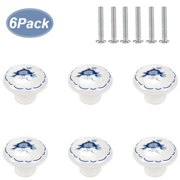 6 Pcs Retro Ceramic Drawer Knobs, Hand Painted Floral Cabinet Handles with Screws, Vintage Round Pulls for Kitchen Cabinets Closets Bedroom Furniture Office Desk