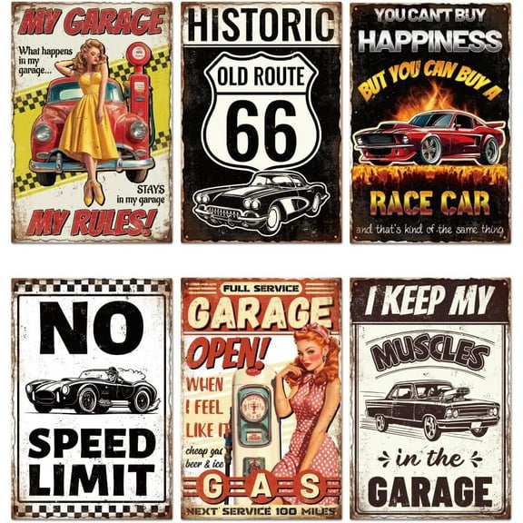 6 Pcs Retro Garage Signs Funny Garage Wall Decor Vintage Car Metal Tin Signs 812 Inch