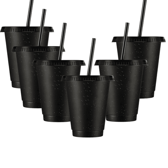 6 Pcs Reusable Cups with Lids and Straws,Tumbler with Straw and Lid Iced Coffee Travel Mug Reusable Plastic Cups For Kids, Adults Christmas, Thanksgiving(16oz,Black)