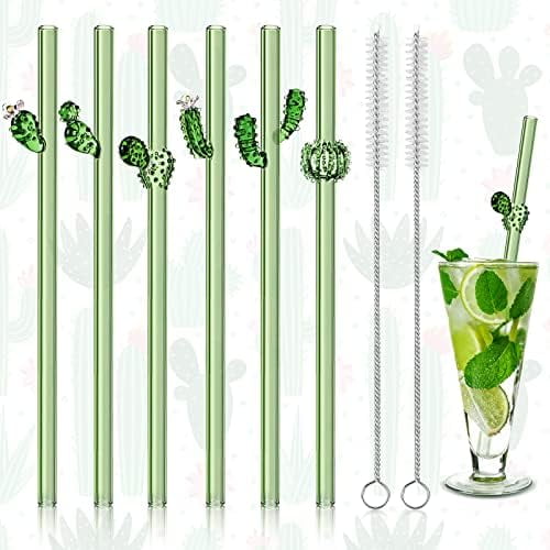 6 Pcs Reusable Glass Straws with Design, 8 mm x 7.9 Inches Cactus on Green Straws with Cleaning Brush for Smoothie Cocktail Juice Shakes Beverages$$Home Decor, Kitchen, & Other