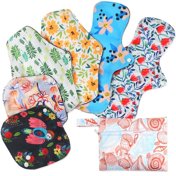 6 Pcs Reusable Menstrual Pads,Overnight Washable Reusable Sanitary Pads with Wings,Panty Liners with Wet Bag,Bamboo Charcoal Cloth Waterproof Period Pads for Women