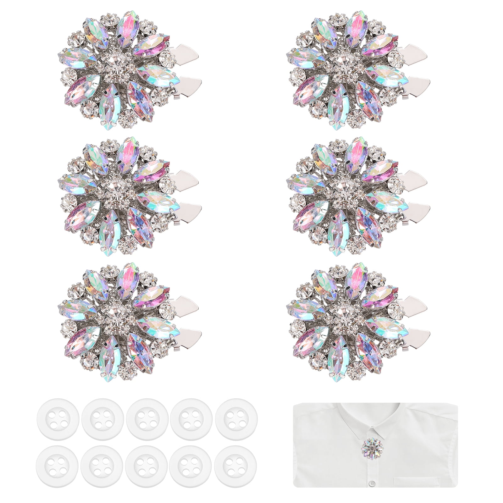 6 Pcs Rhinestone Button Covers Decorative Clips with 10 Pcs White Sewing Buttons Detachable Marquise Sewing Replacement for Women Men DIY Crafts Accessories (AB Iridescent/Silver)