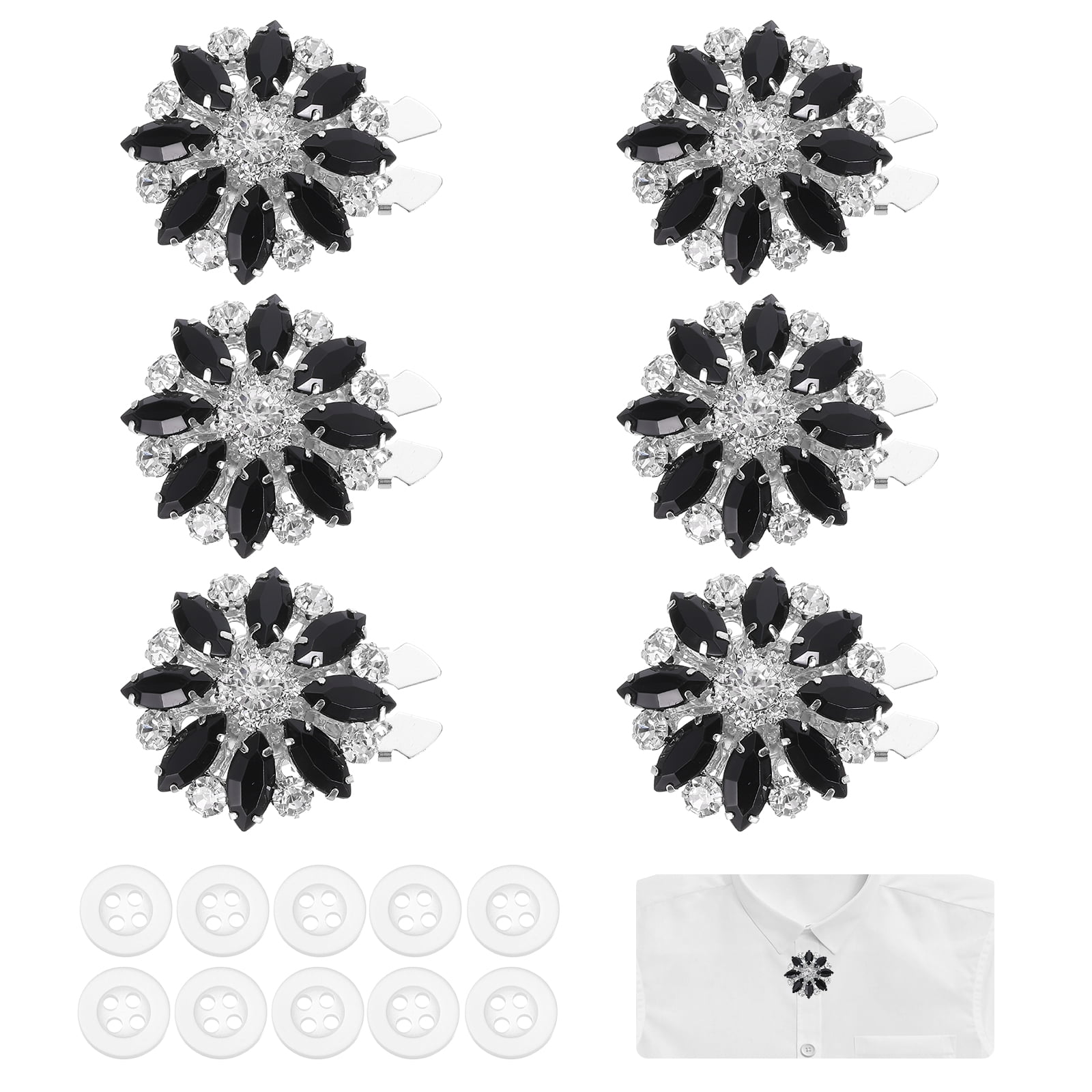 6 Pcs Rhinestone Button Covers Decorative Clips with 10 Pcs White Sewing Buttons Detachable Marquise Sewing Replacement for Women Men DIY Crafts Accessories (Black/Silver)