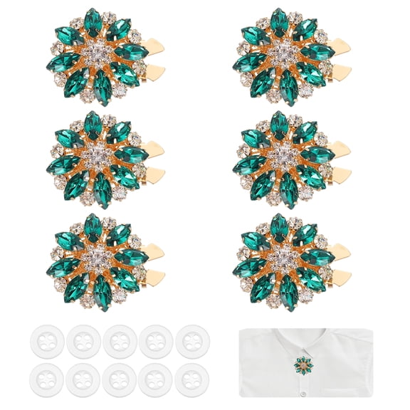 6 Pcs Rhinestone Button Covers Decorative Clips with 10 Pcs White Sewing Buttons Detachable Marquise Sewing Replacement for Women Men DIY Crafts Accessories (Green/Gold)