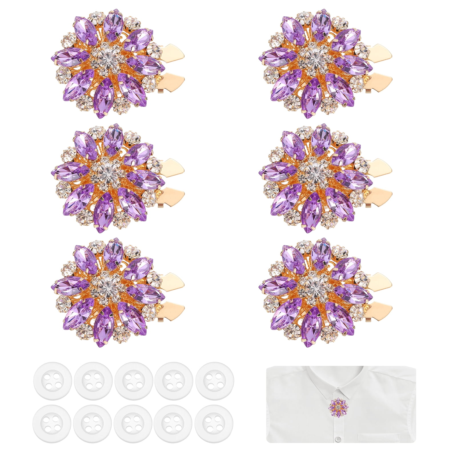 6 Pcs Rhinestone Button Covers Decorative Clips with 10 Pcs White Sewing Buttons Detachable Marquise Sewing Replacement for Women Men DIY Crafts Accessories (Light Purple/Gold)