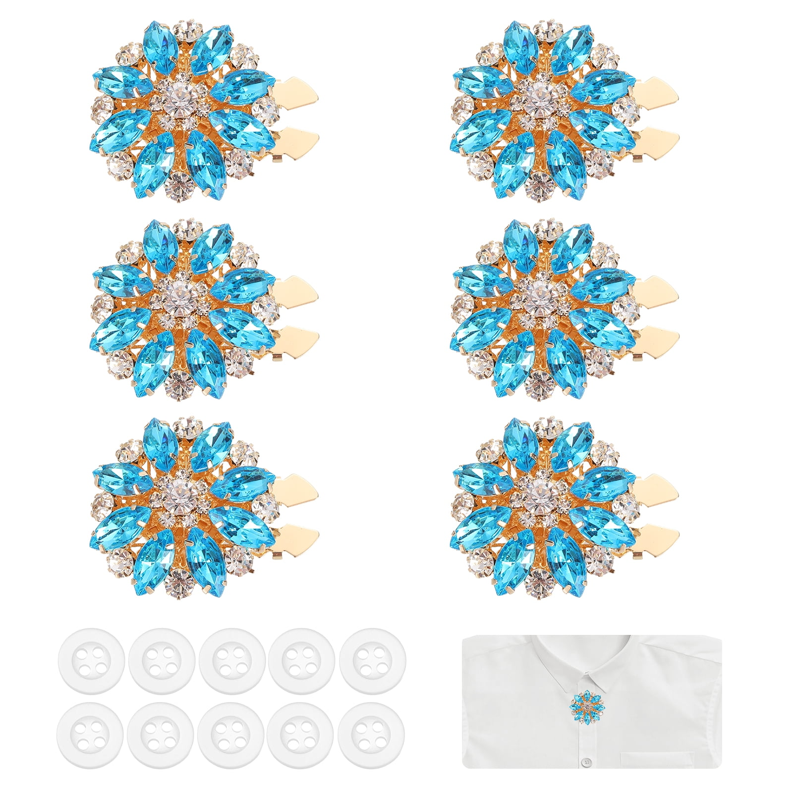 6 Pcs Rhinestone Button Covers Decorative Clips with 10 Pcs White Sewing Buttons Detachable Marquise Sewing Replacement for Women Men DIY Crafts Accessories (Lake Blue/Gold)