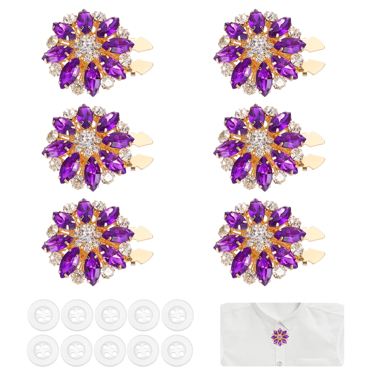 6 Pcs Rhinestone Button Covers Decorative Clips with 10 Pcs White Sewing Buttons Detachable Marquise Sewing Replacement for Women Men DIY Crafts Accessories (Purple Blue/Gold)
