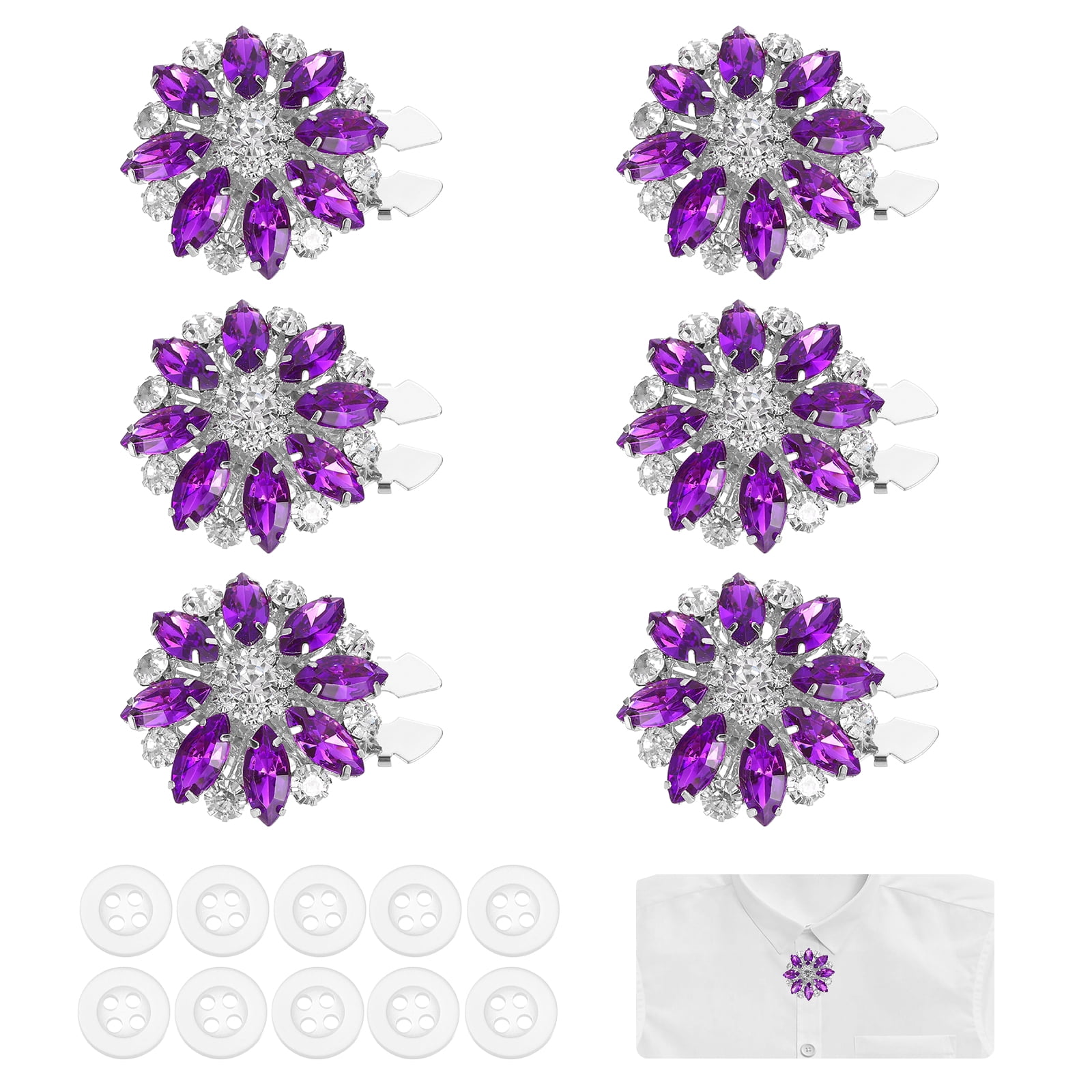 6 Pcs Rhinestone Button Covers Decorative Clips with 10 Pcs White Sewing Buttons Detachable Marquise Sewing Replacement for Women Men DIY Crafts Accessories (Purple Blue/Silver)
