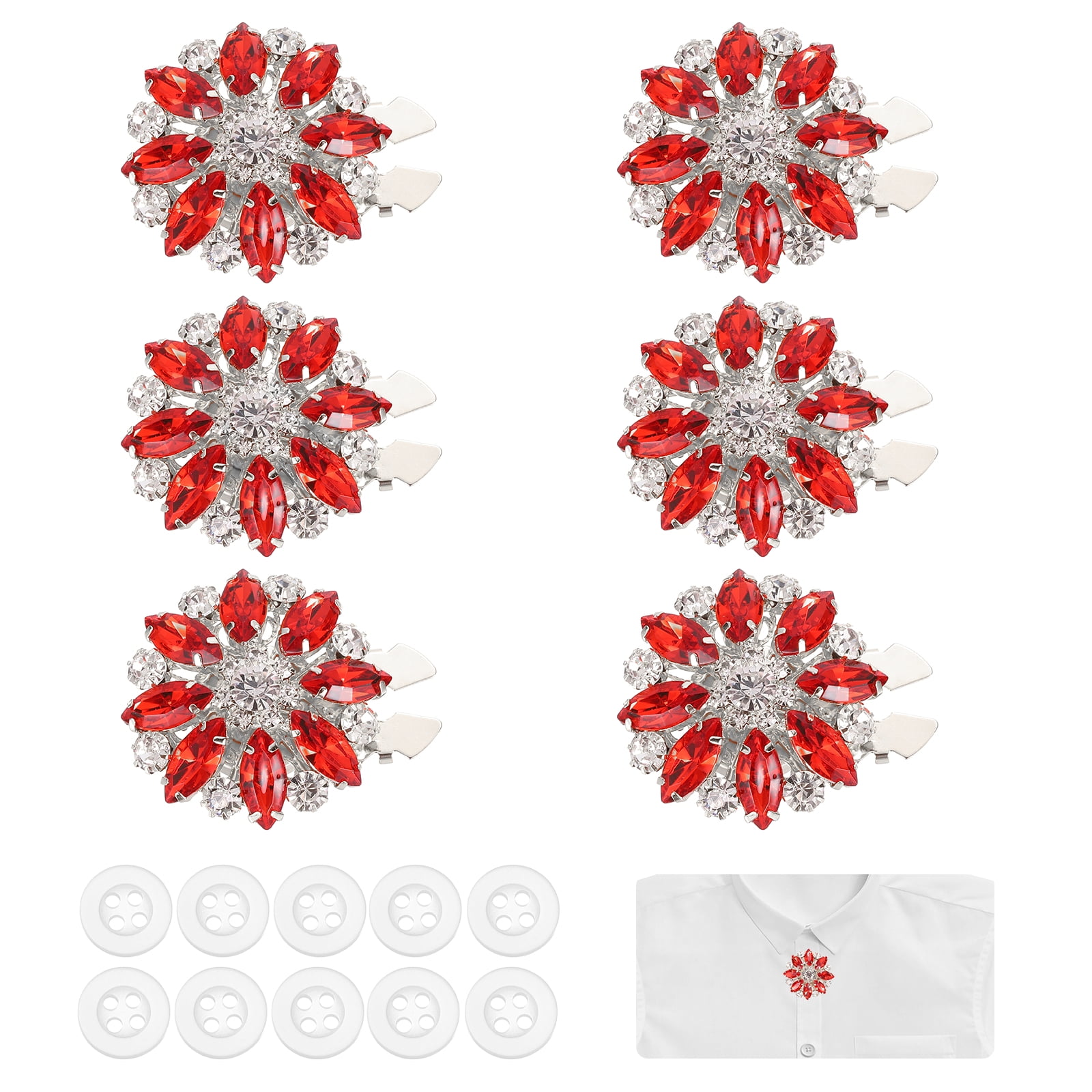 6 Pcs Rhinestone Button Covers Decorative Clips with 10 Pcs White Sewing Buttons Detachable Marquise Sewing Replacement for Women Men DIY Crafts Accessories (Red/Silver)