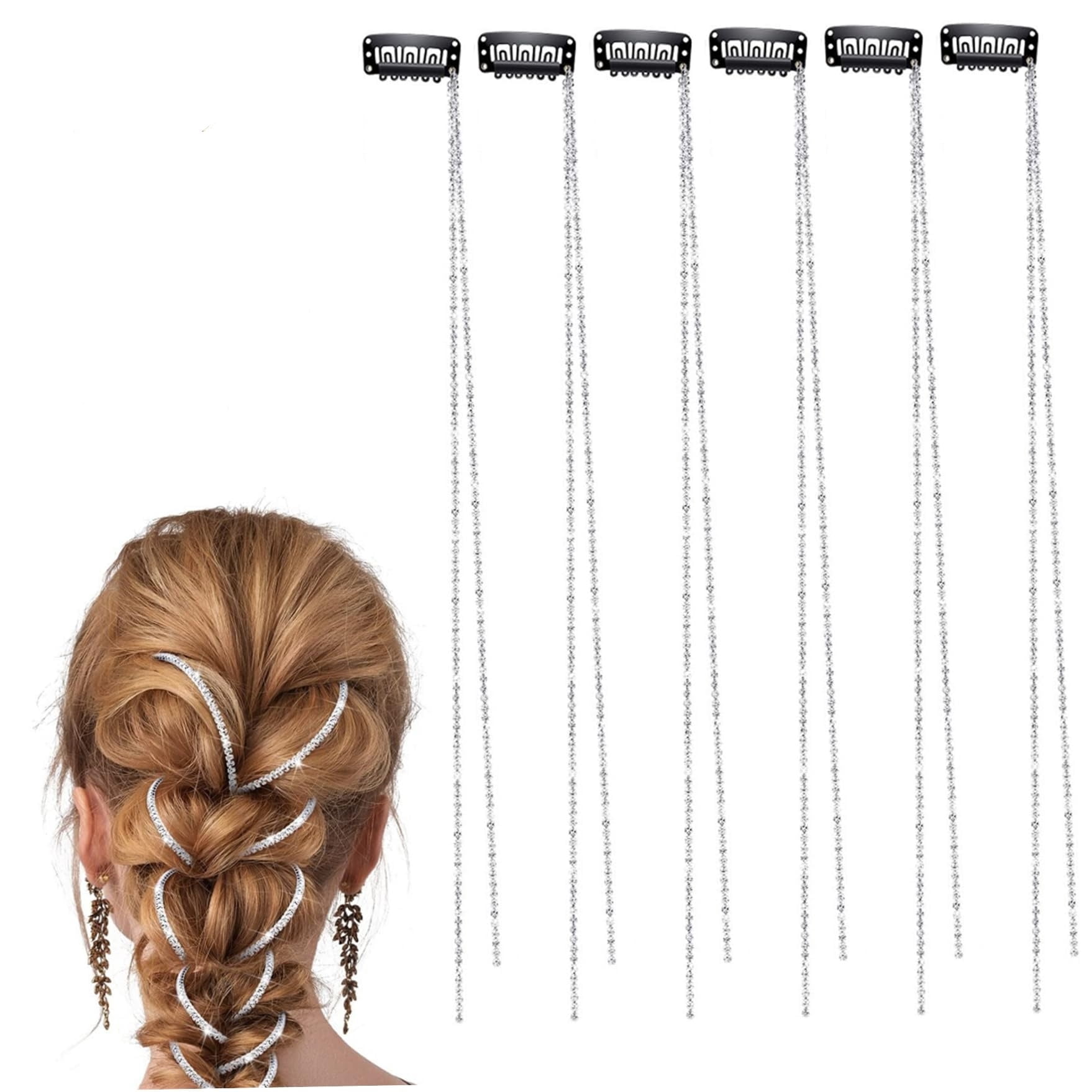 6 Pcs Rhinestone Hair Chains, 20