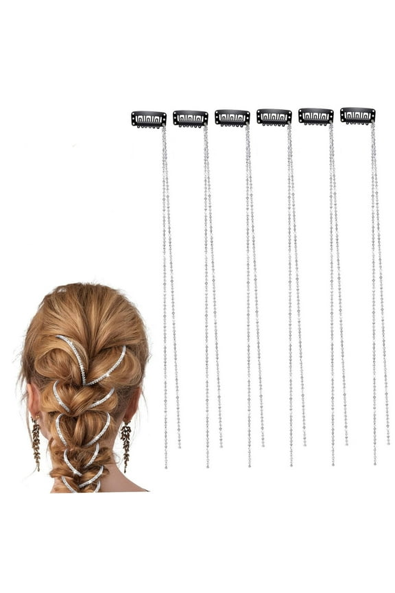 6 Pcs Rhinestone Hair Chains, 20" Punk Crystal Tassel Hair Clips Chains Rhinestone Hair Accessories Shiny Silver Hair Extensions Hair Pins Hair Gems for Women and Girls Hair Decoration