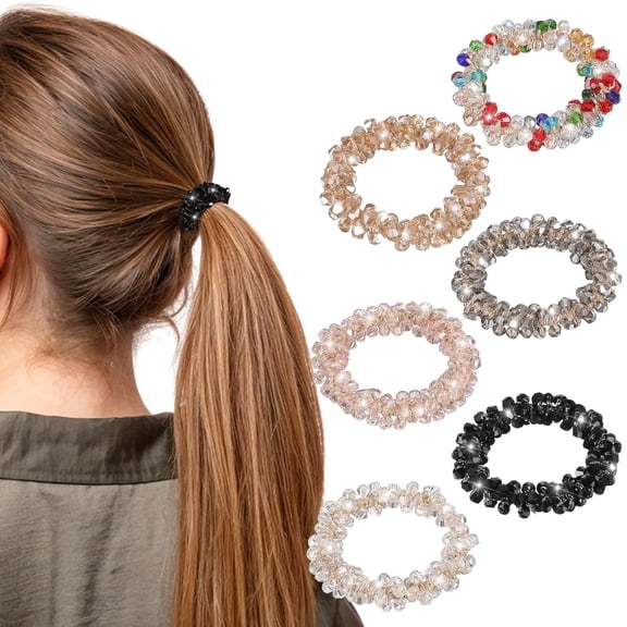 6 Pcs Rhinestone Hair Ties Fancy Elastic High Ponytail Holder Stretchy Hair Bands Accessories Sparkly Glitter Crystal Bling Scrunchies Beaded Set for Women Girls