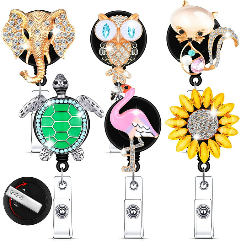 6 Pcs Rhinestone Retractable Nurse ID Badge Reel Holder with Clip Cute  Bling Butterfly Bee Sunflower Animals Flower Name Card Badge Reel for  Volunteer