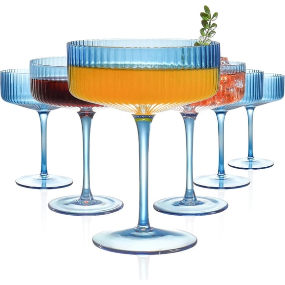 6 Pcs Ribbed Coupe Glasses, 10 oz Blue Martini Glasses Set, Cute Espresso Martini Glass & Champagne Coupe Glass, Elegant Bar Glassware for Cocktails, Wine, Outdoor Entertaining & Gifts