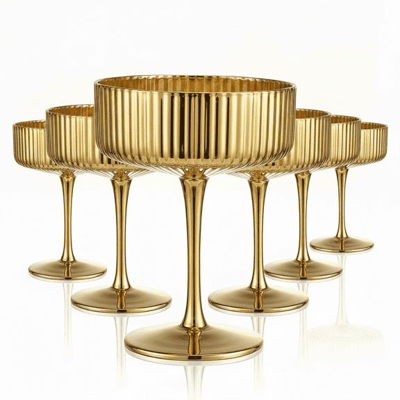 6 Pcs Ribbed Coupe Glasses, 10 oz Gold Martini Glasses Set, Cute Espresso Martini Glass & Champagne Coupe Glass, Elegant Bar Glassware for Cocktails, Wine, Outdoor Entertaining & Gifts