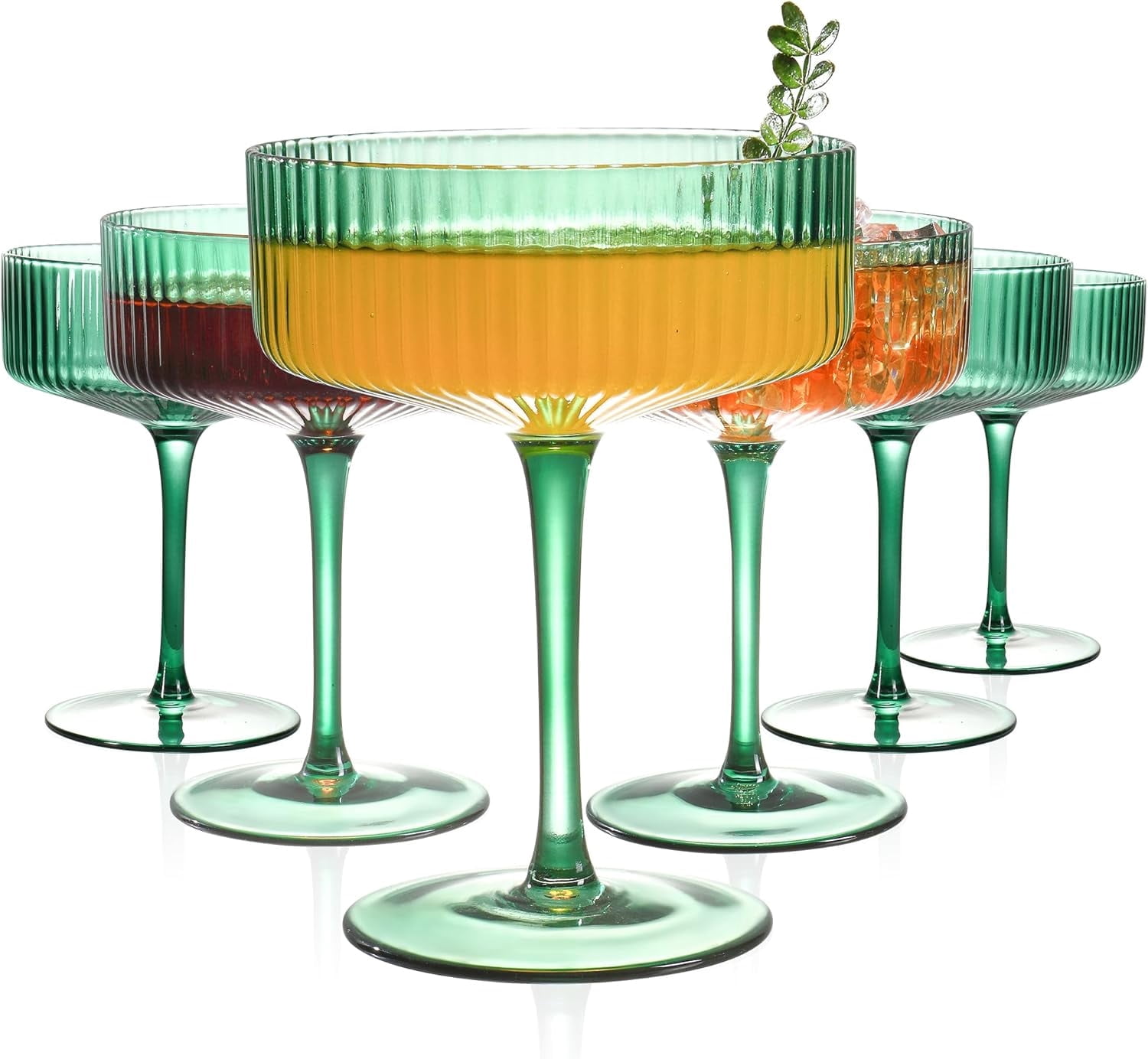 6 Pcs Ribbed Coupe Glasses, 10 oz Green Martini Glasses Set, Cute Espresso Martini Glass & Champagne Coupe Glass, Elegant Bar Glassware for Cocktails, Wine, Outdoor Entertaining & Gifts